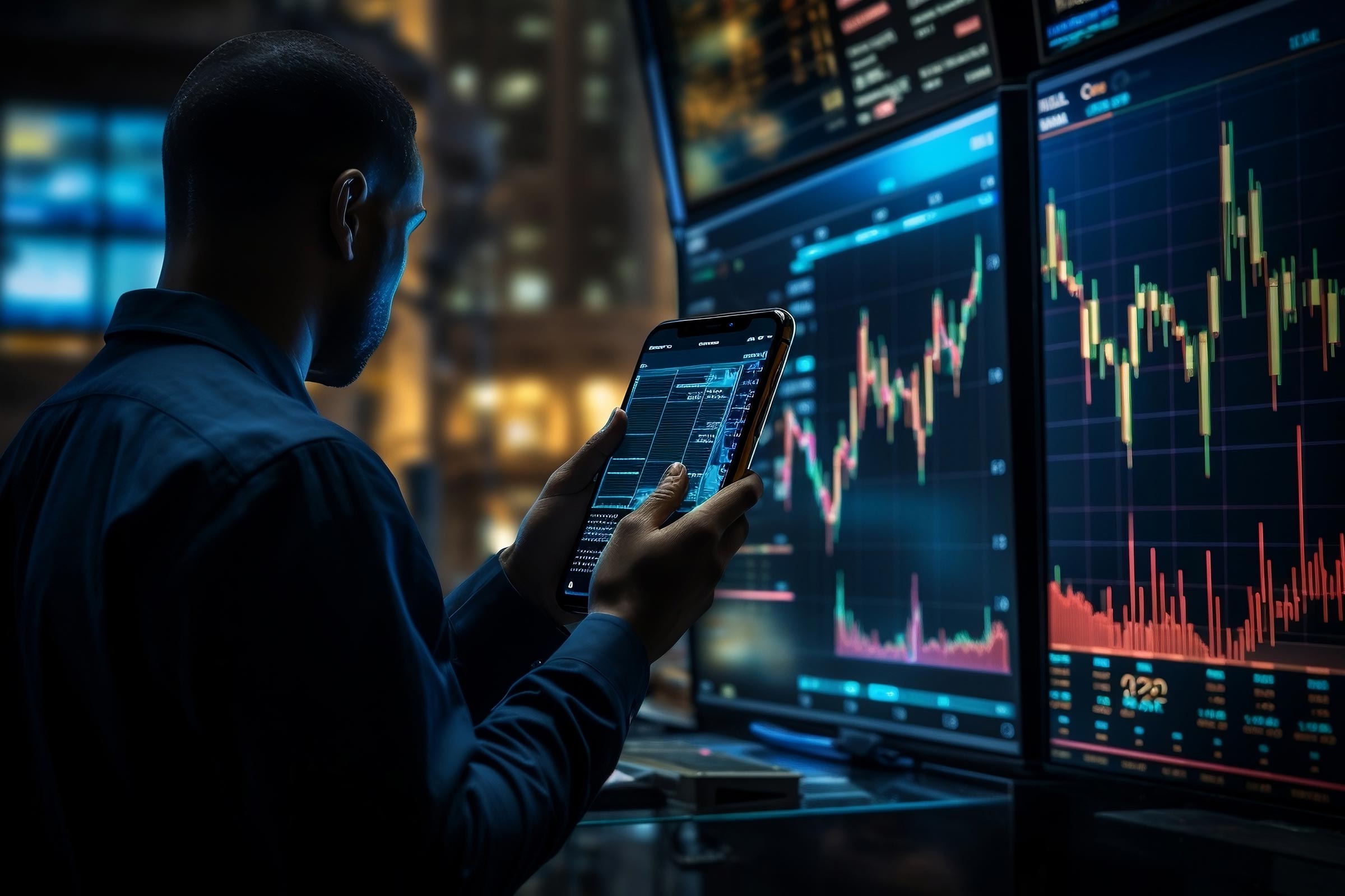 Man looking at data on multiple screens