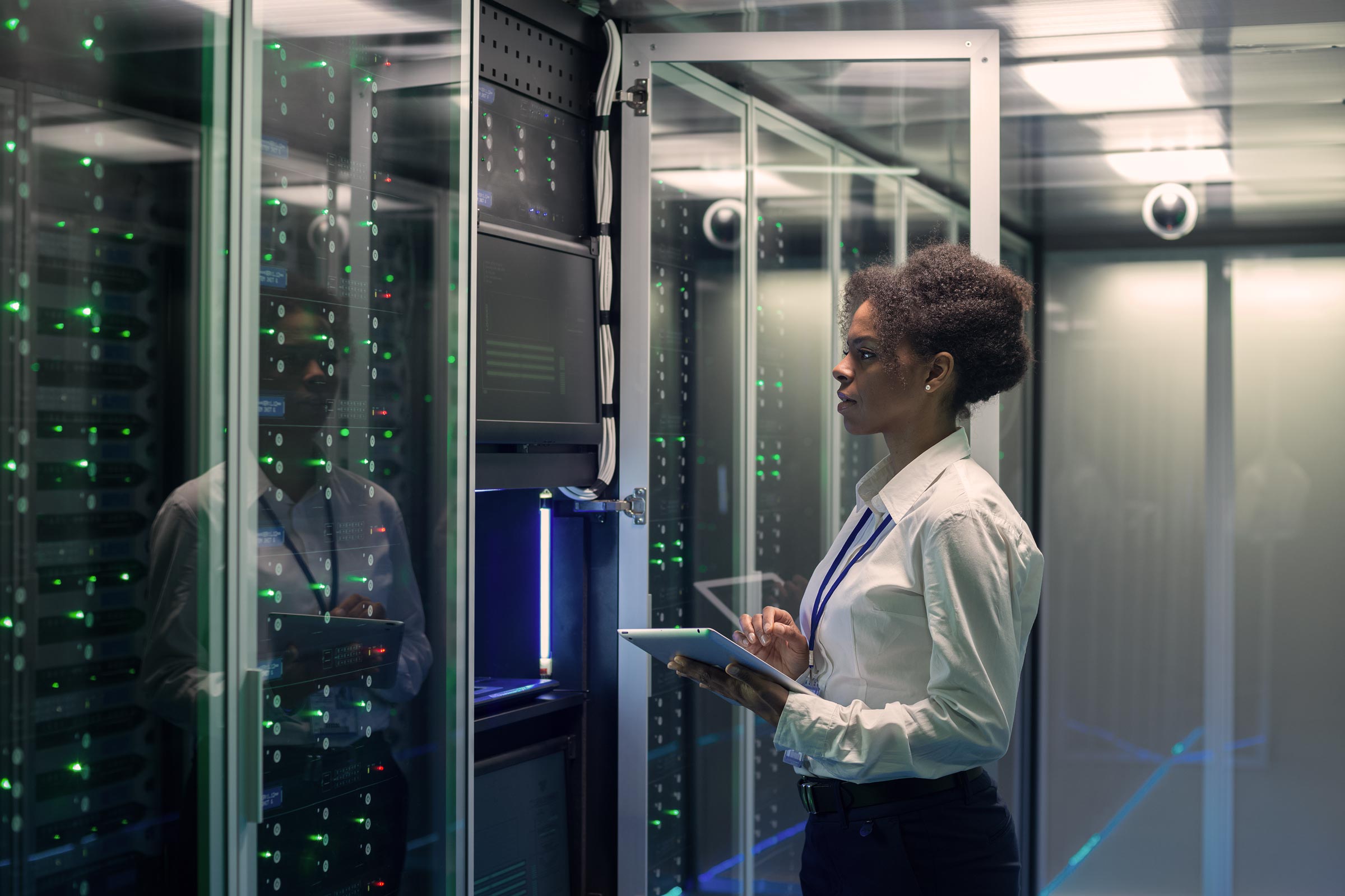 Woman working in a data centre