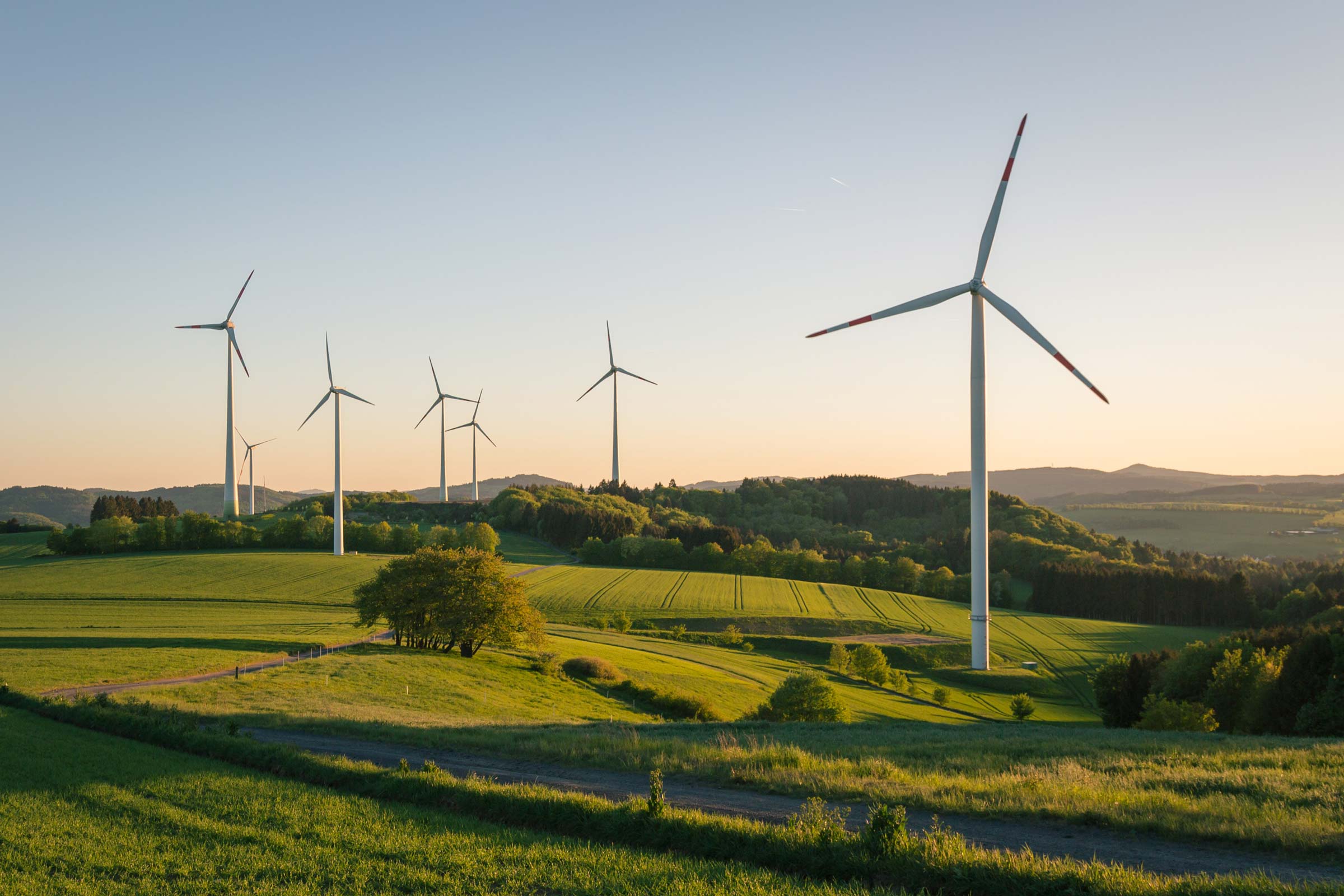 Wind turbines on rolling hills