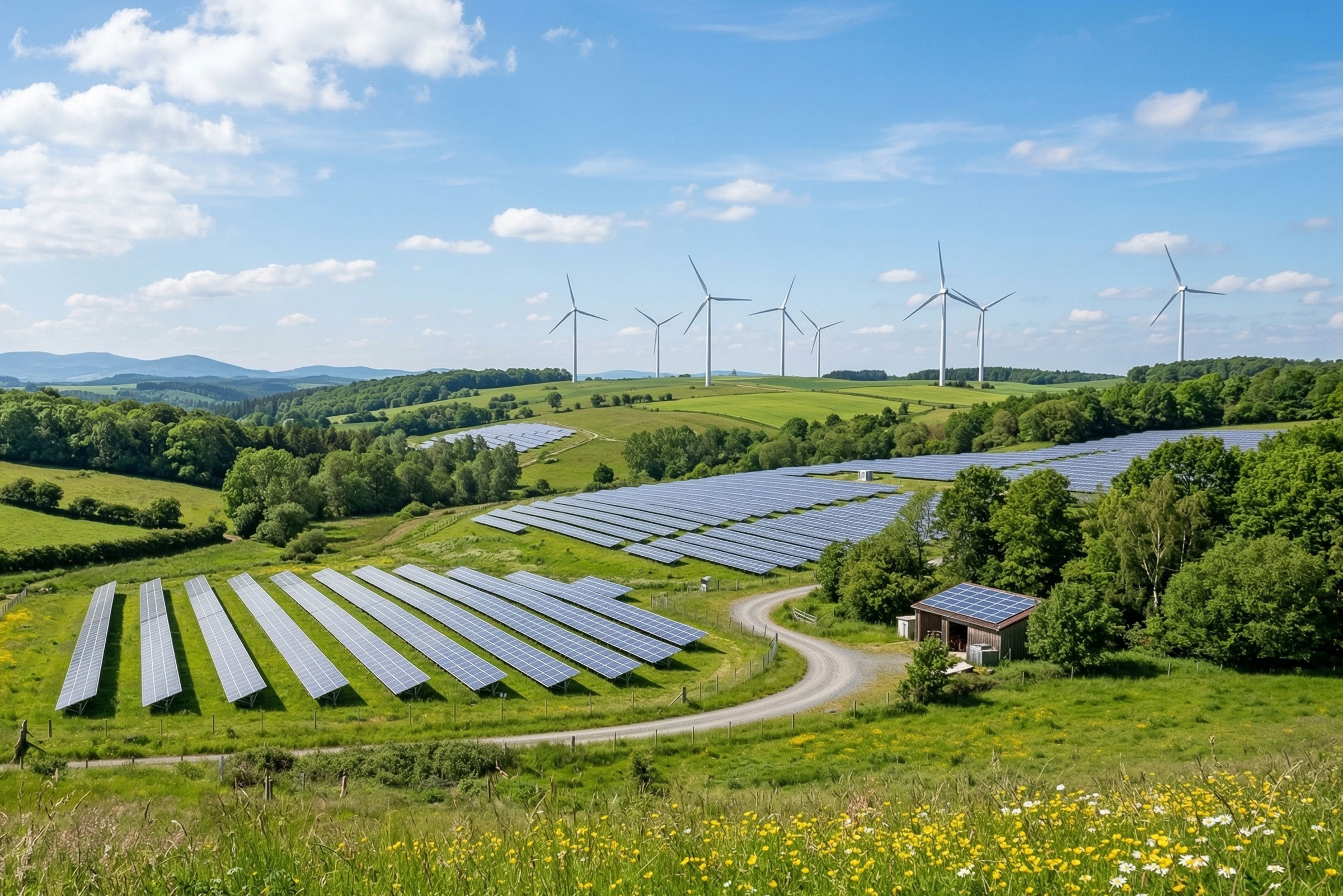 Solar farm, with wind turbines of the hill behind
